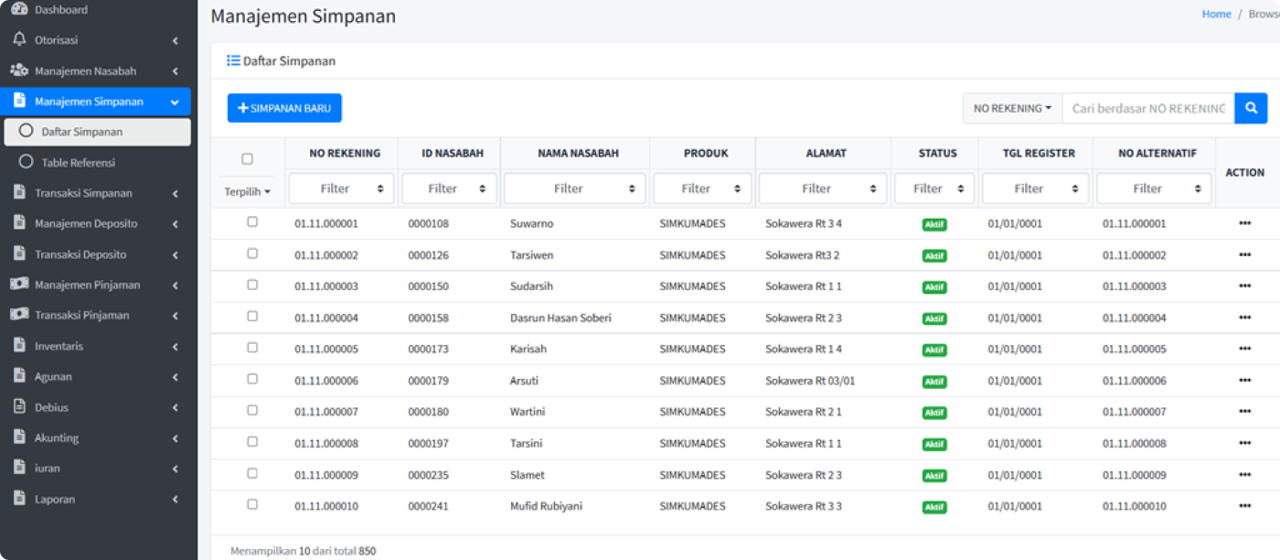 Menu Manajemen Simpanan